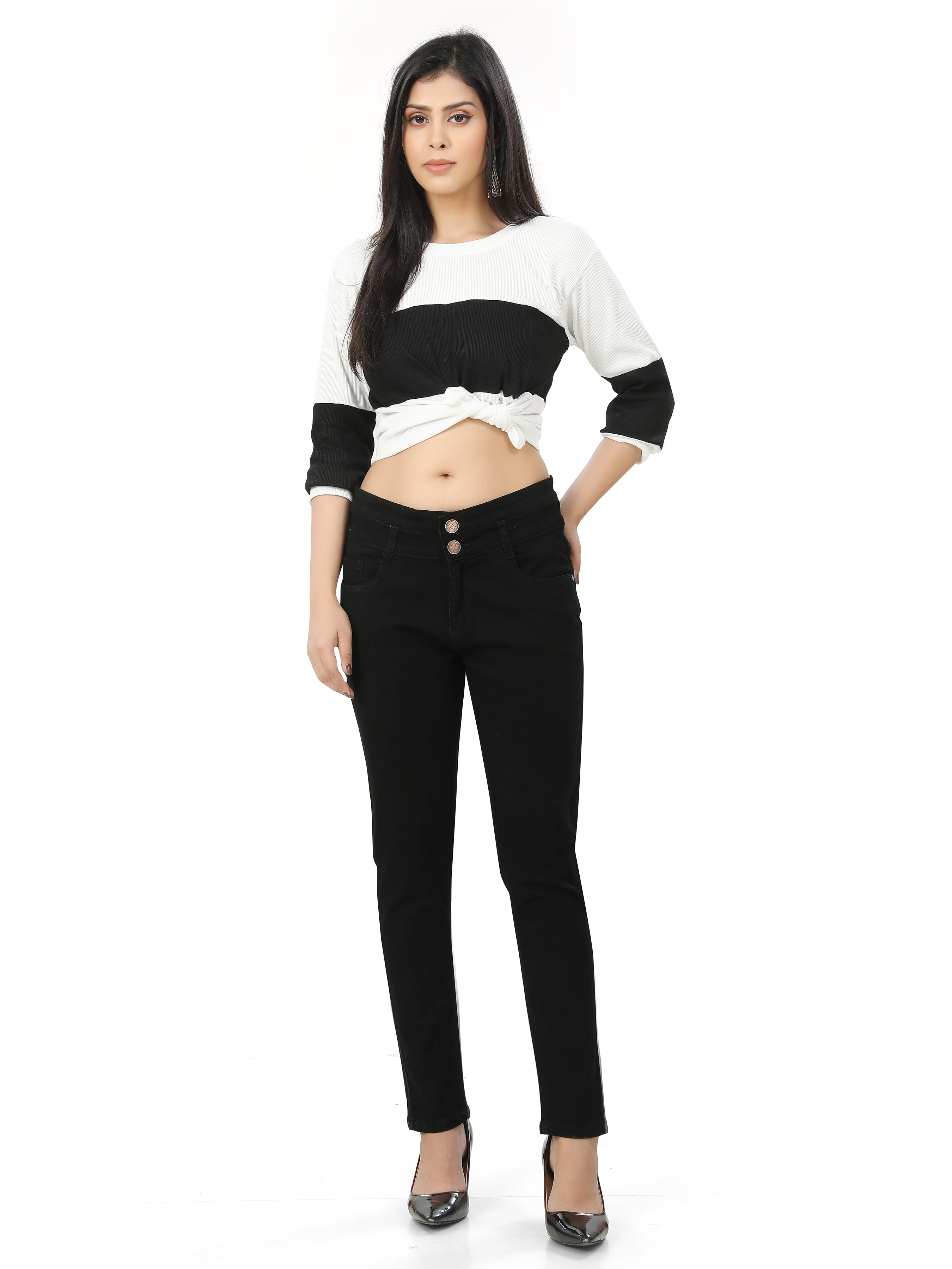 Hi-Waist Double Button Ankle Length Denim Jeans