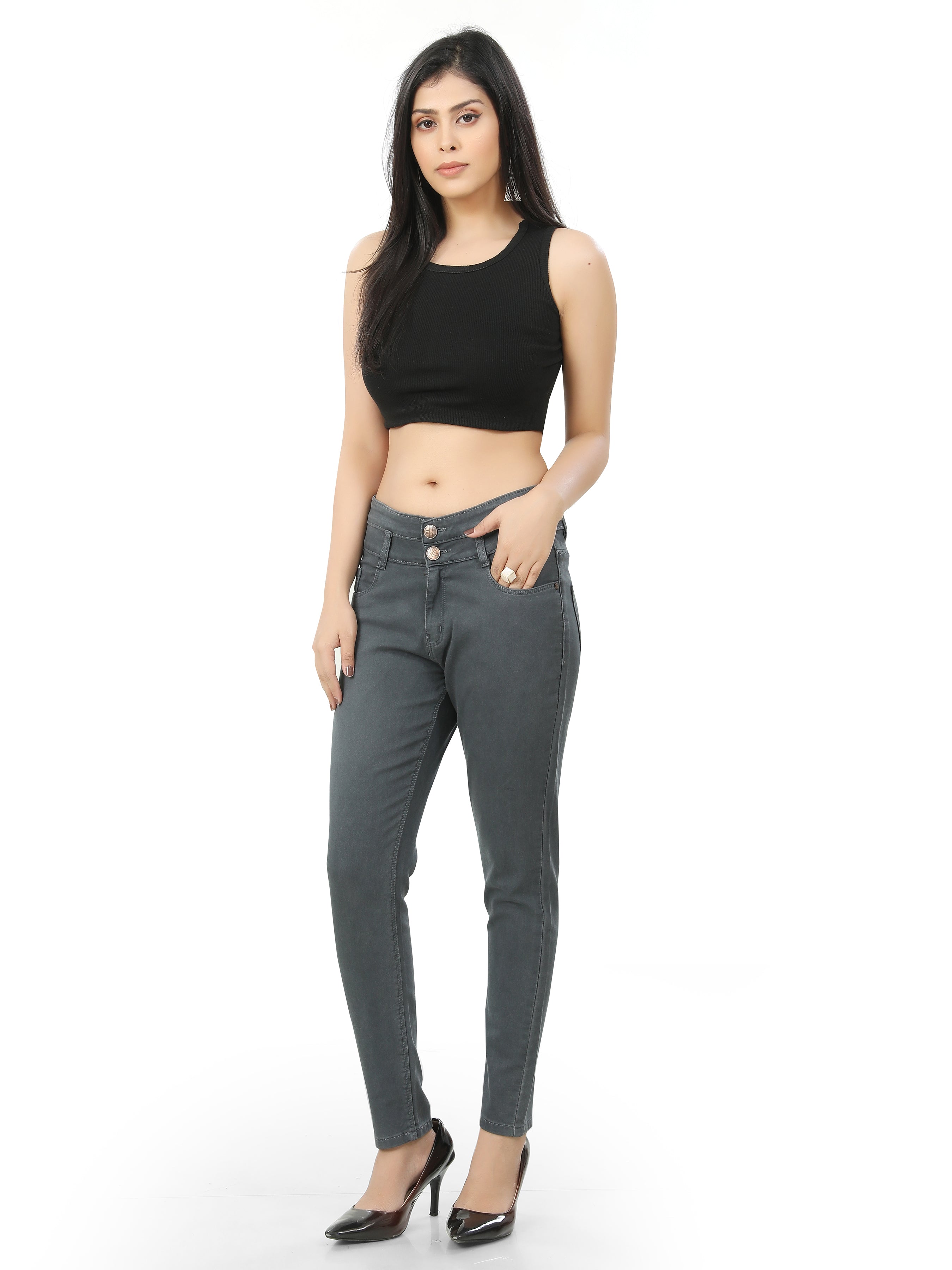 Hi-Waist Double Button Ankle Length Denim Jeans