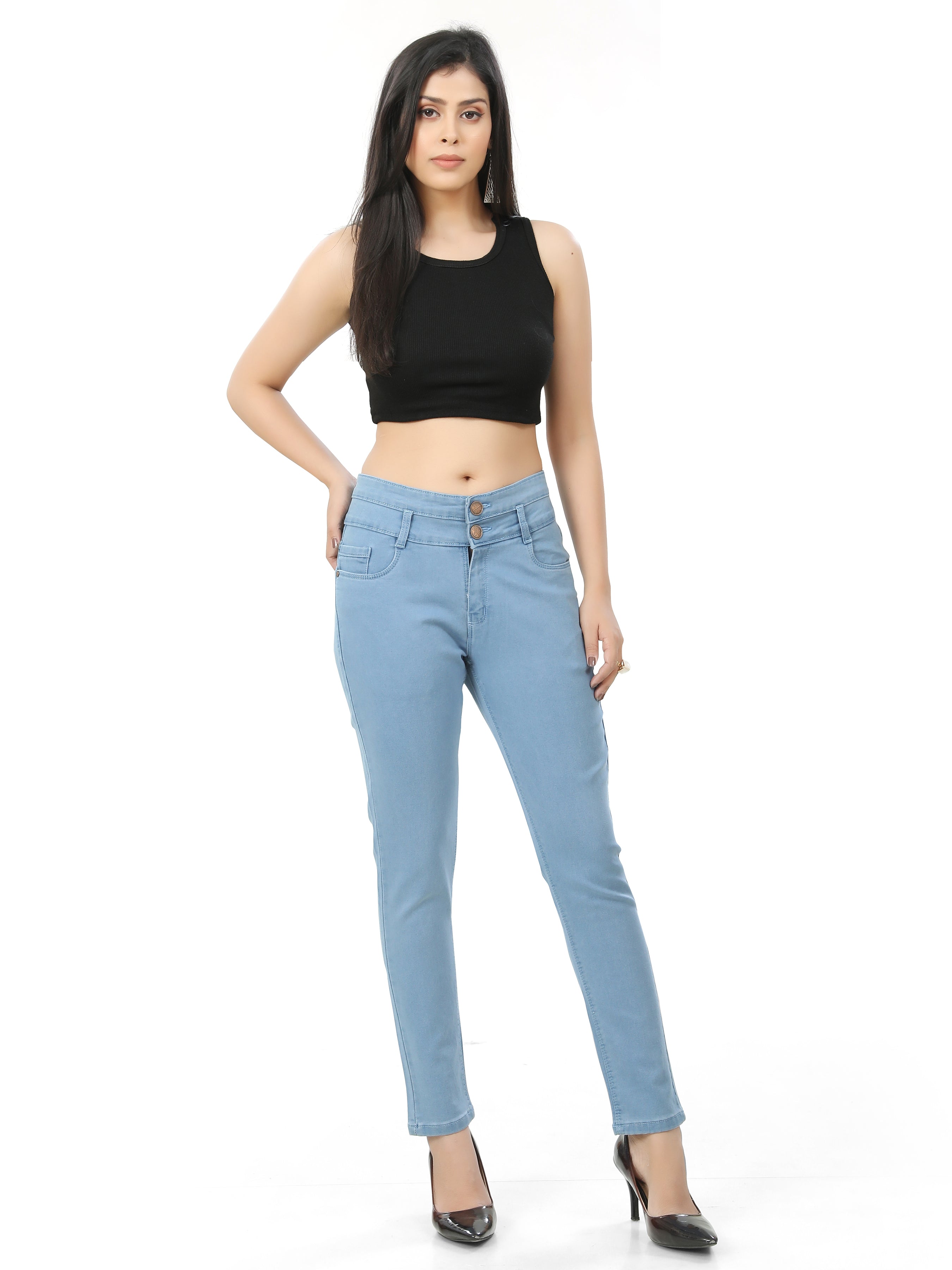 Hi-Waist Double Button Ankle Length Denim Jeans
