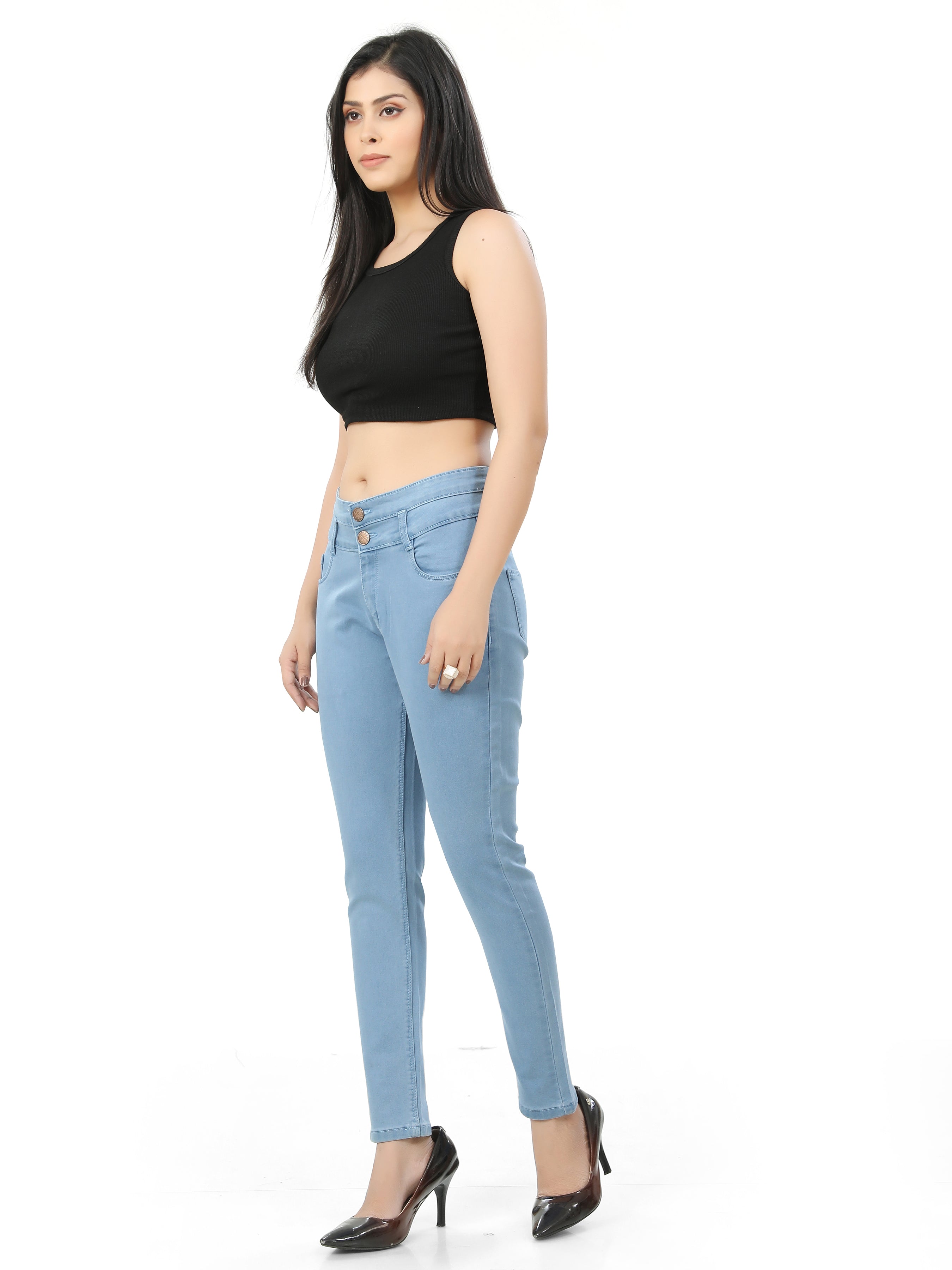 Hi-Waist Double Button Ankle Length Denim Jeans