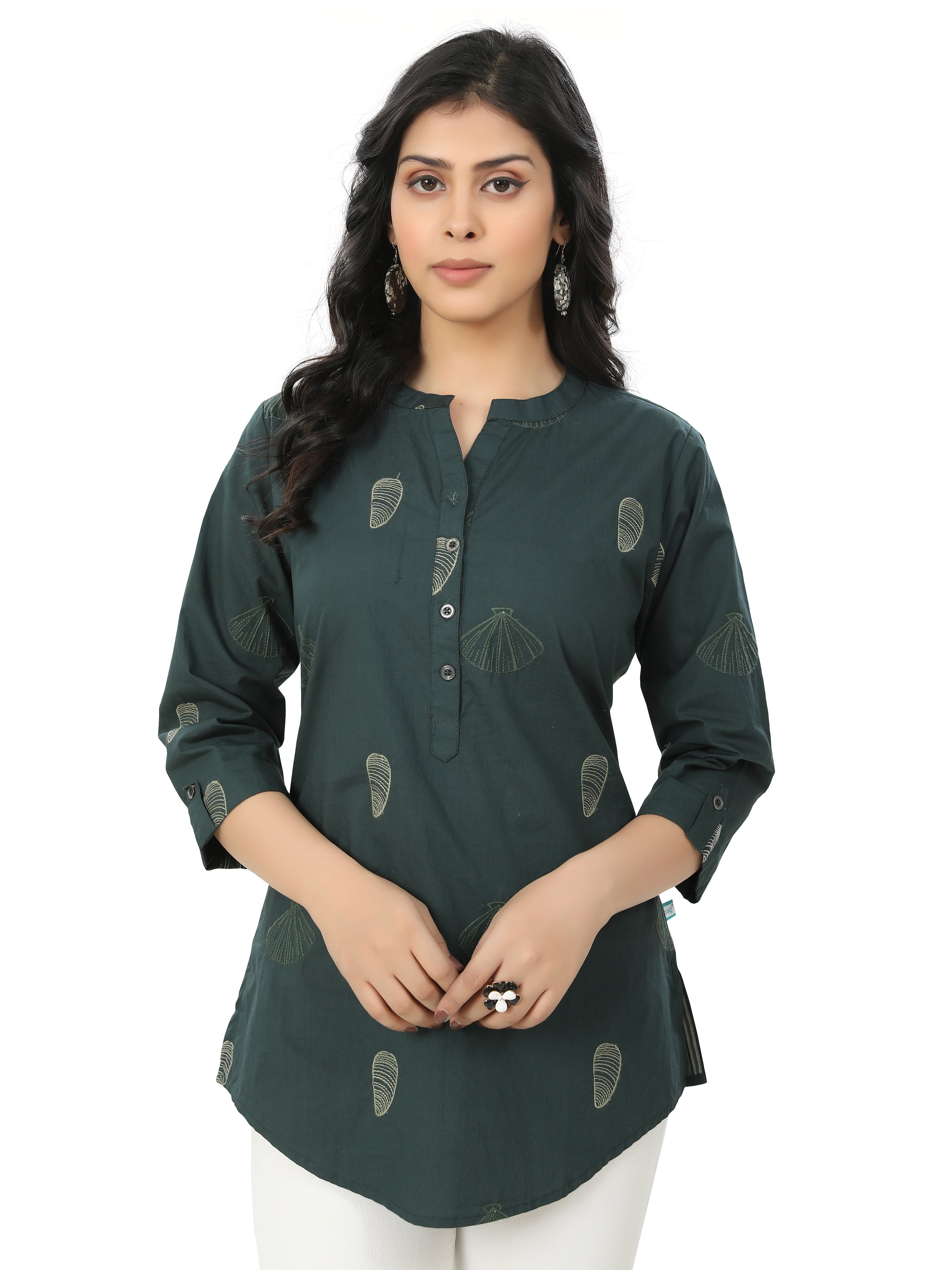 Embroidered Butta Work Mandarin Collar Short Kurta