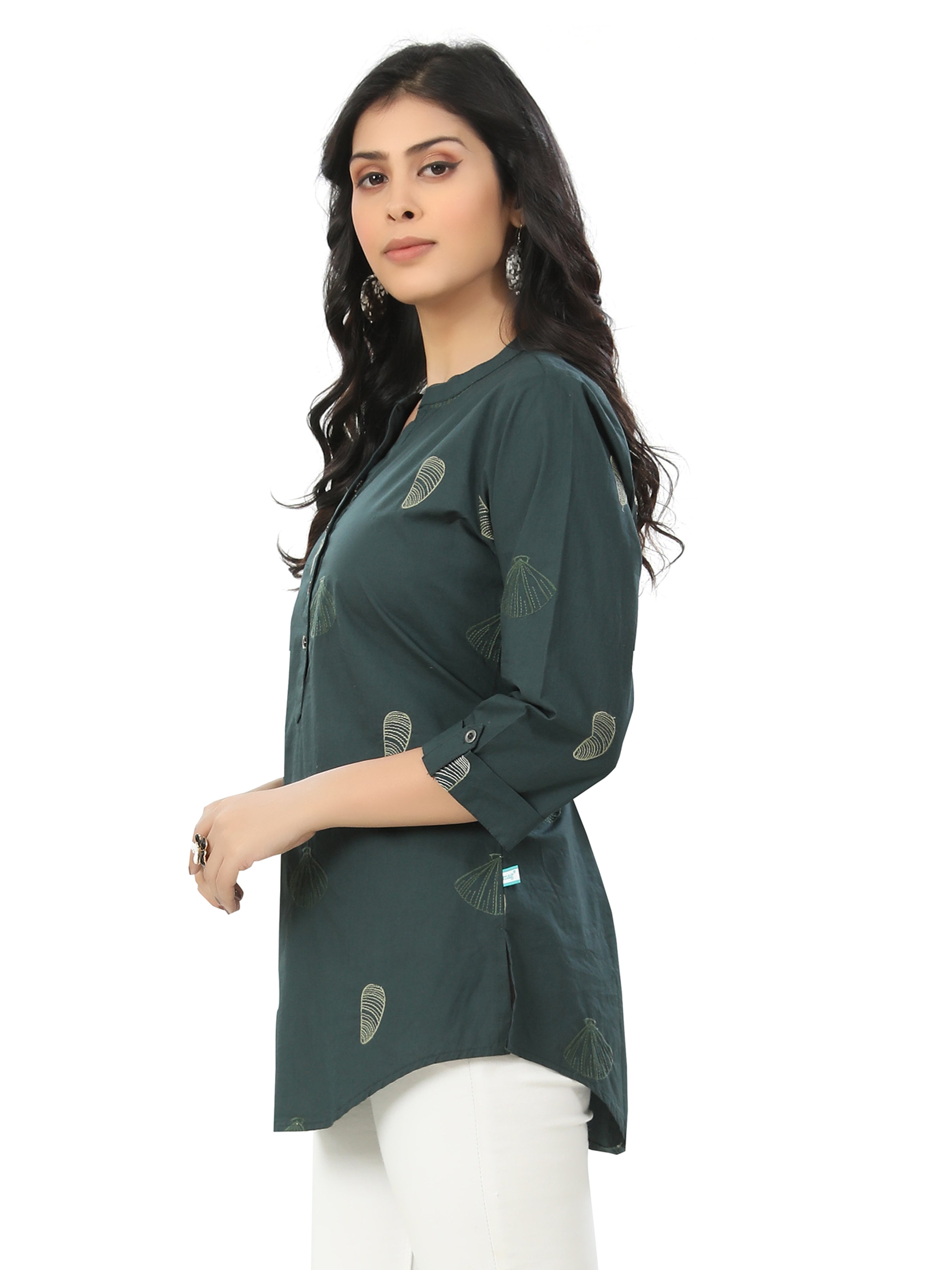 Embroidered Butta Work Mandarin Collar Short Kurta