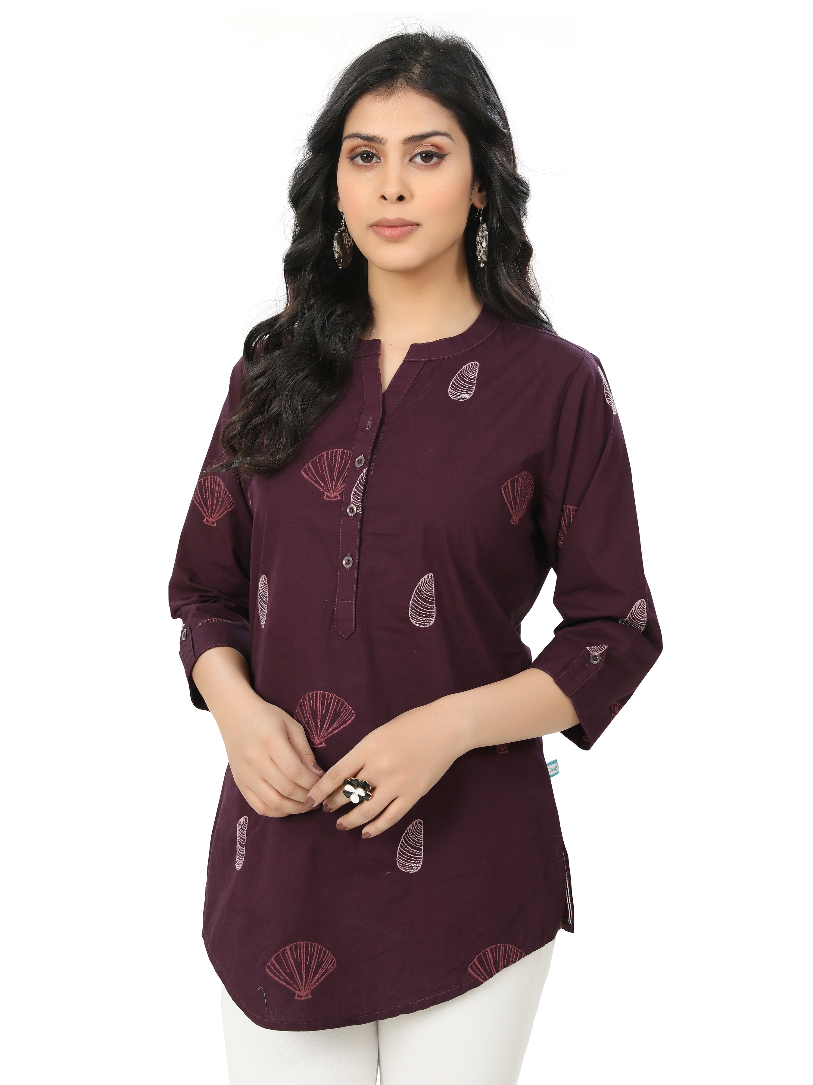 Embroidered Butta Work Mandarin Collar Short Kurta